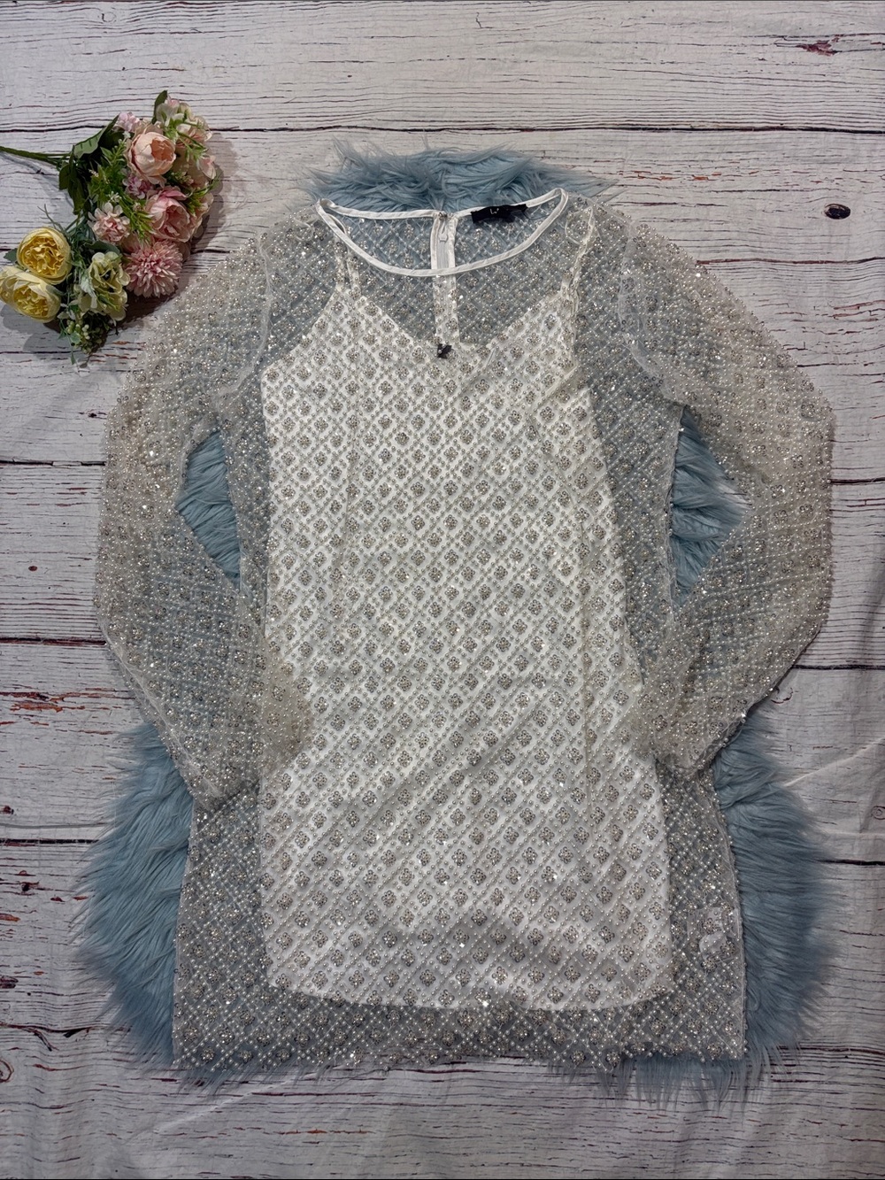 NWT Lulus Glowing Charisma White Sequin Pearl Mesh Long Sleeve Mini Dress - Picture 2 of 9